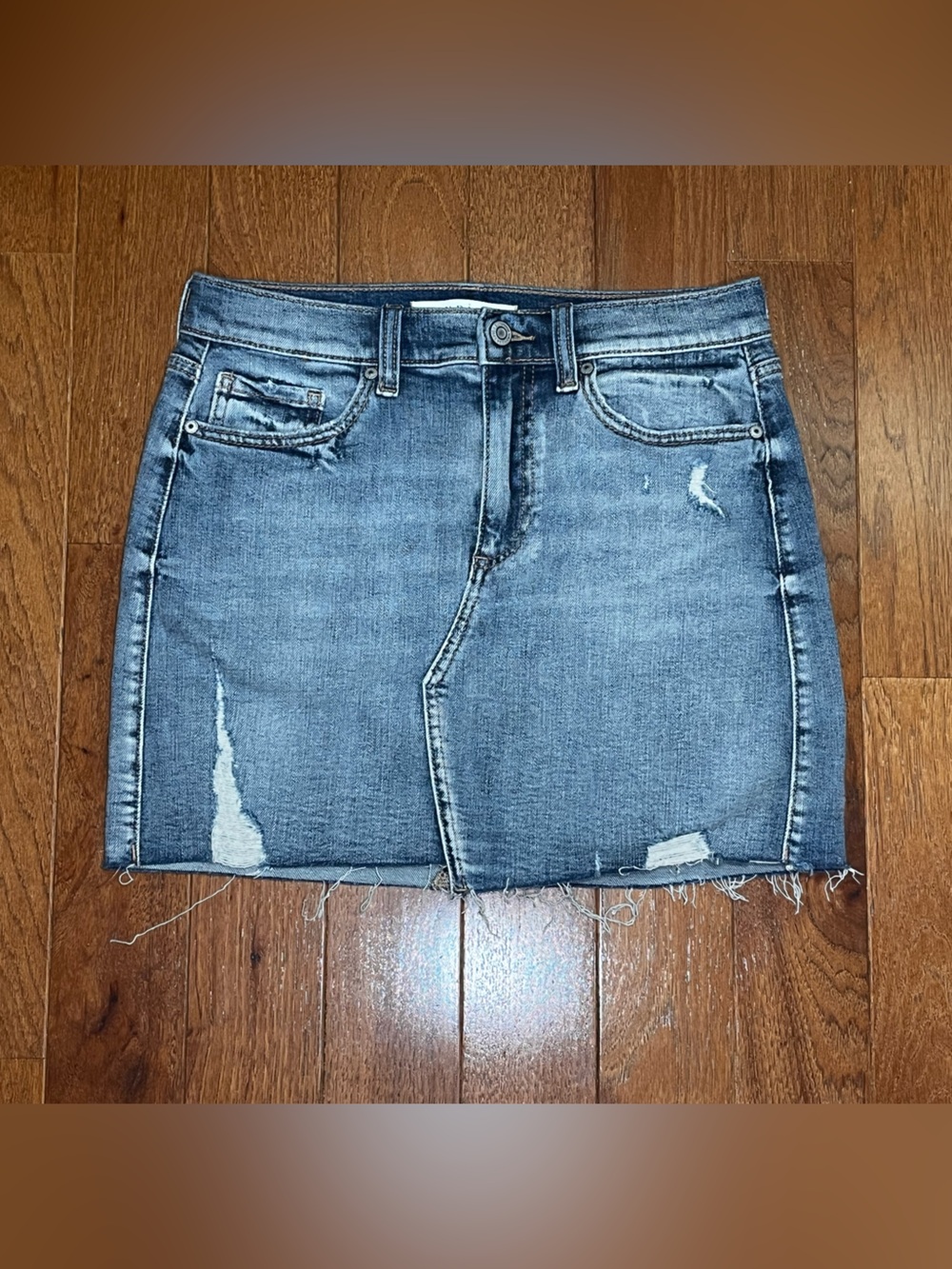 Eunina Alexis High Rise Denim Y2K Mini Skirt Distressed Medium Wash Frayed Hem
